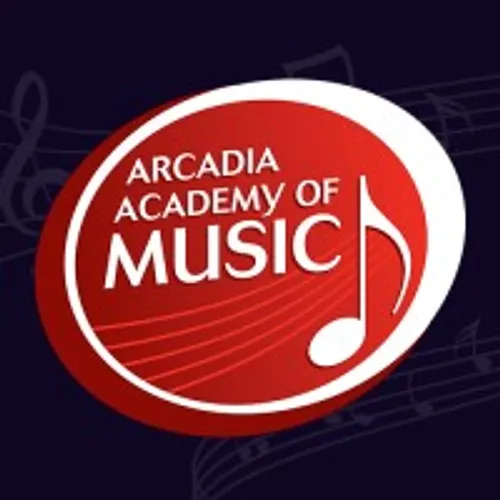 Arcadia Academy of Music logo on a dark musical-note background.